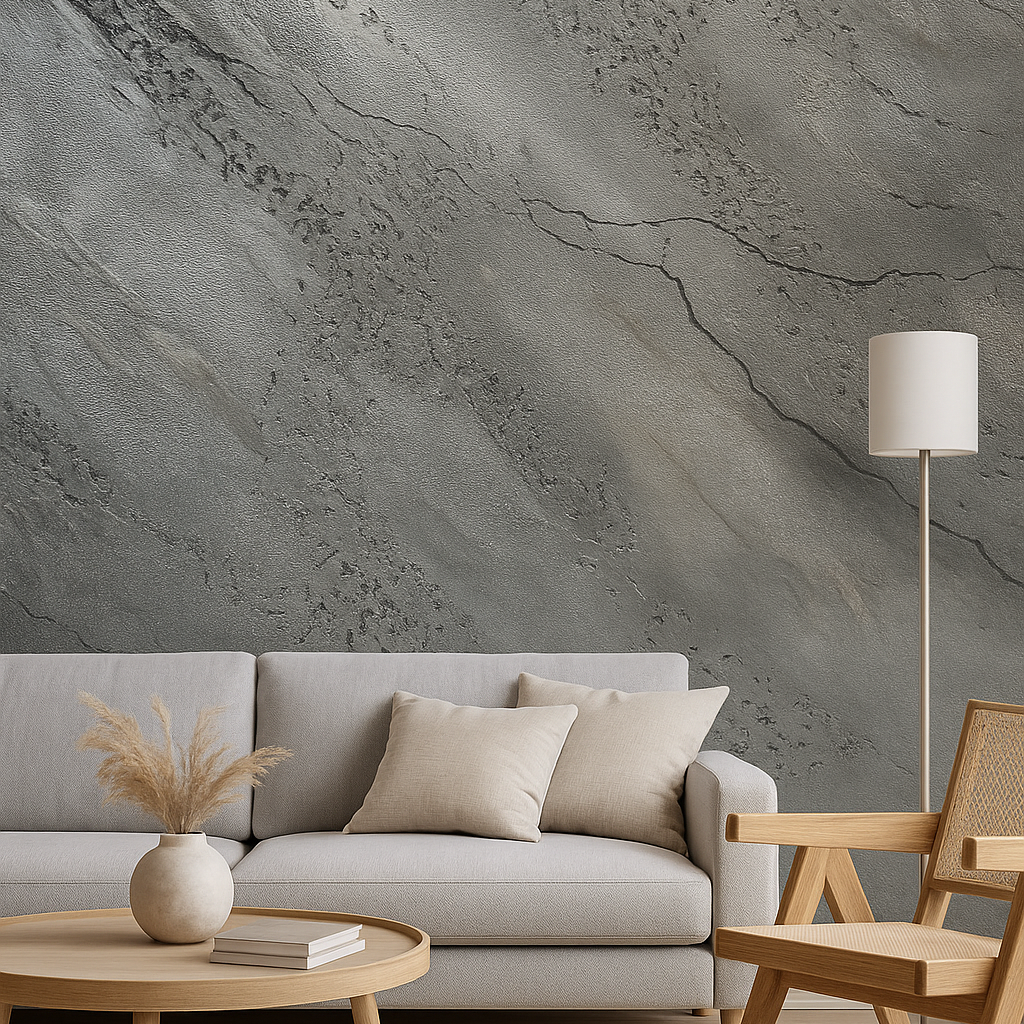 Venetian plaster textured grey wall